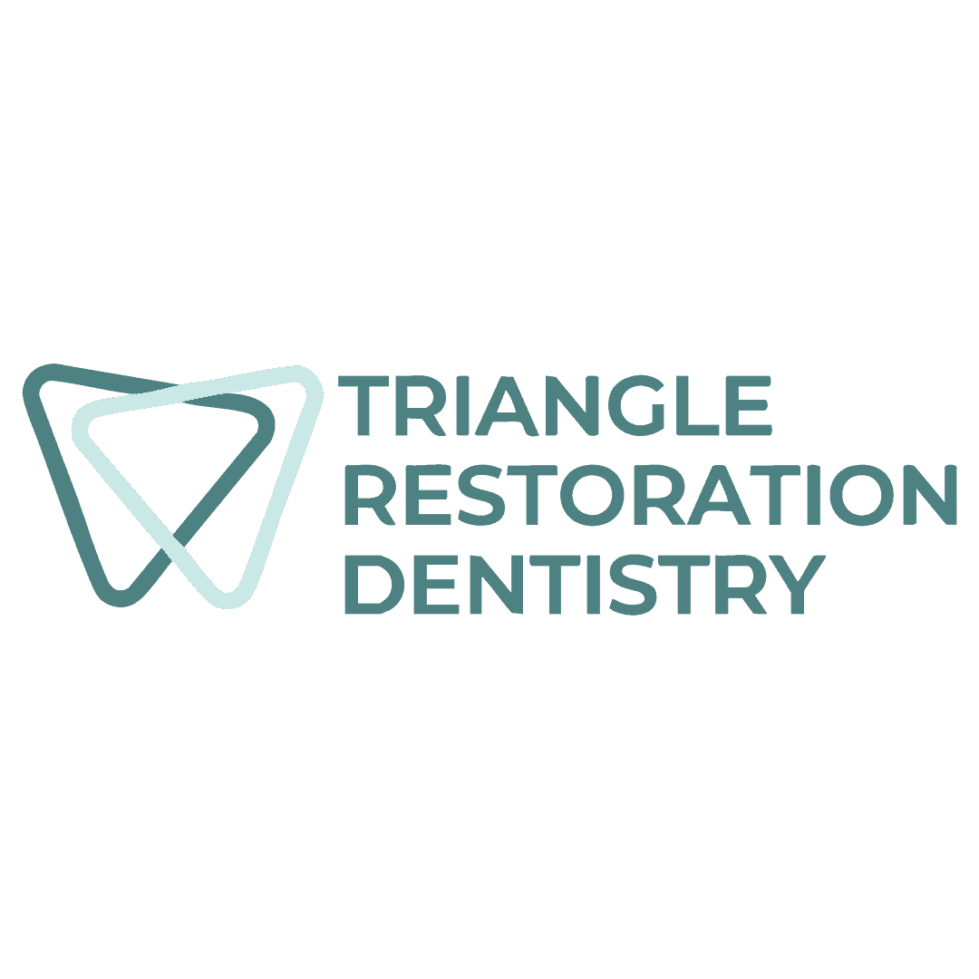 Triangle restoration dentistry logo with interconnected triangles representing dental care and confidence, on light blue background.
