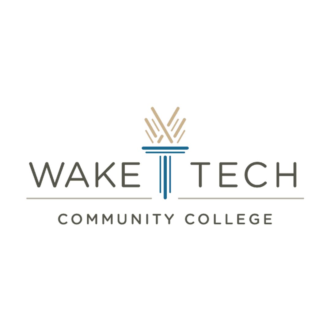Modern college logo with wake tech graphic and text.